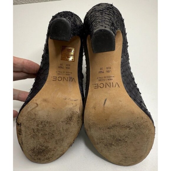 Vince Sierra Peep Toe Bootie Black Textured Python Pattern Heel Size 38 7.5 US - Picture 12 of 13